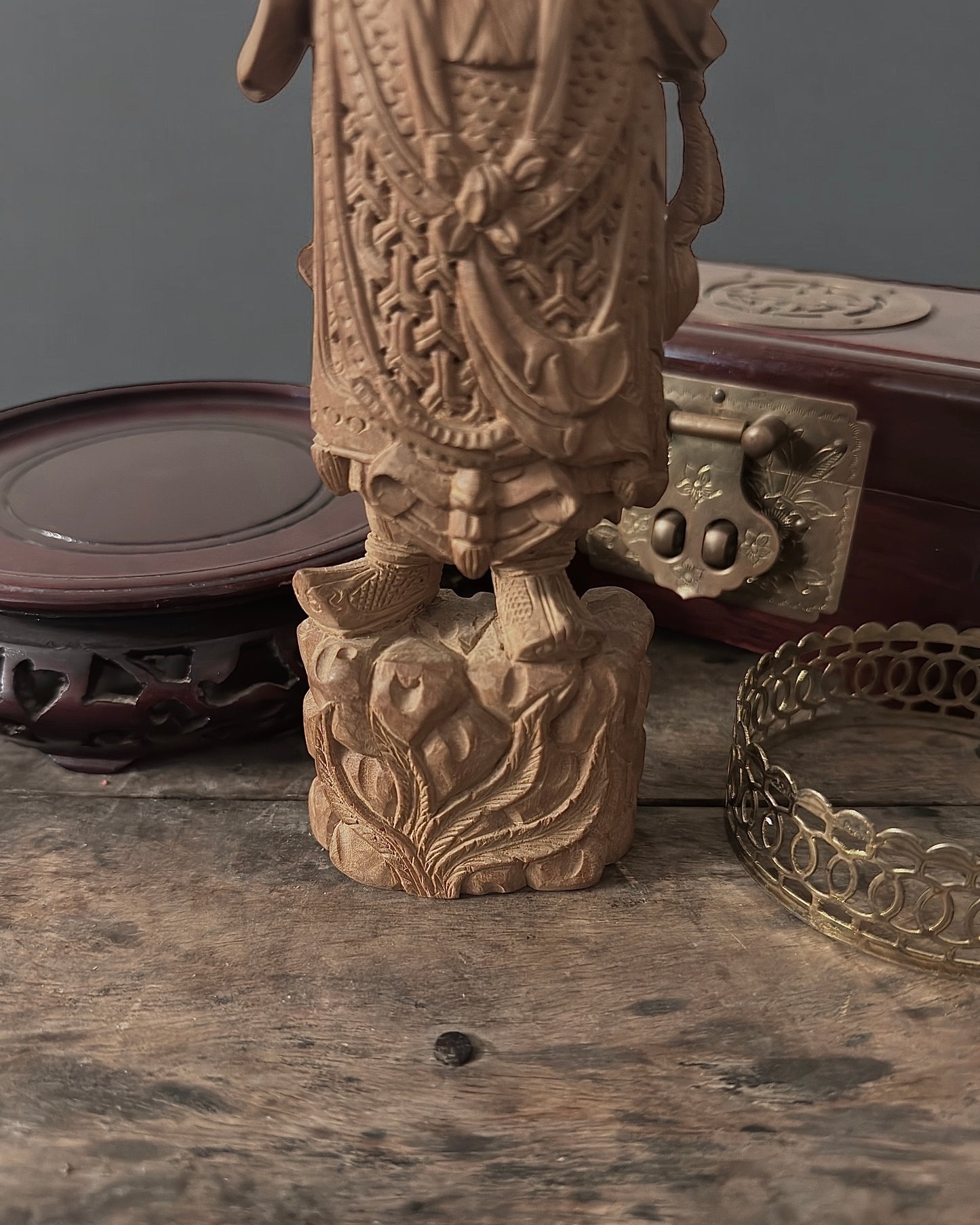 Guan Yu - Chinese Boxwood Figurine. Hand-Carved, Vintage/Mid-Century.