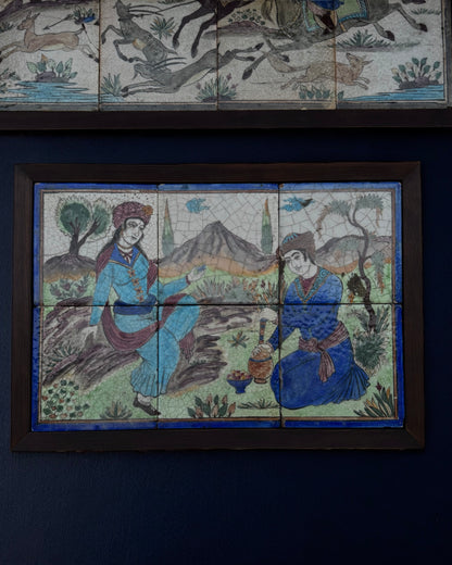 19th Century Persian Qajar Dynasty Pictorial Tiles, Two Framed Sets – Handmade & Hand-painted, Iran, mid 19th century